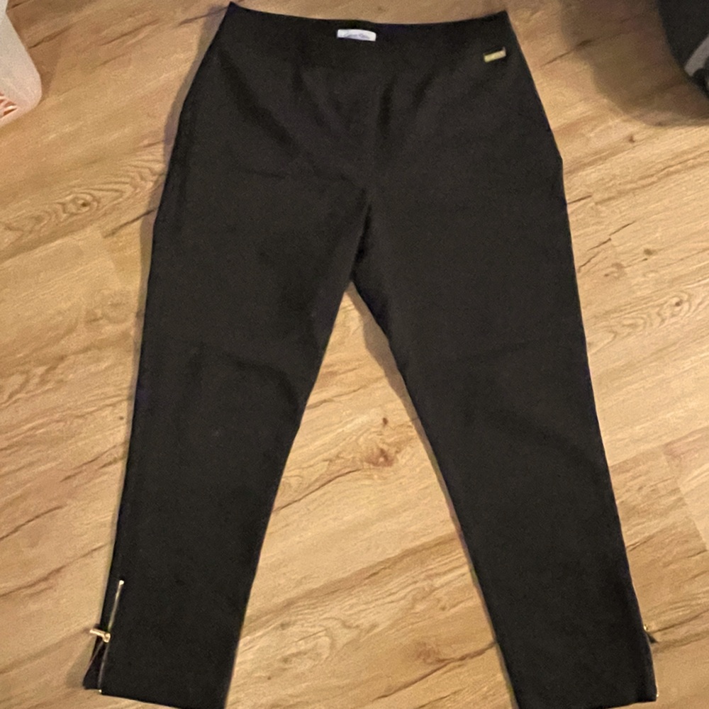 Calvin Klein Black Cropped Ankle Pants with Gold Zipper Detail